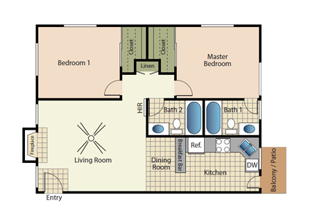 Floor plan for 2 beds, 2 baths, 825 sqft