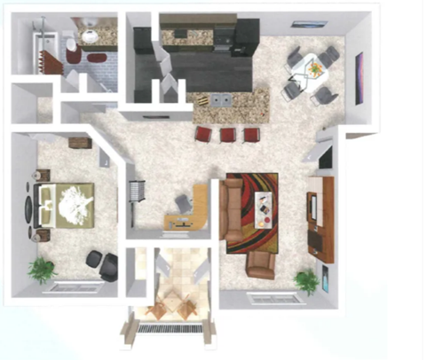 Floor plan for 1 bed, 1 bath, 745 sqft