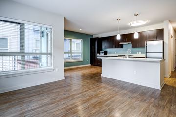 Seattle apartment for rent - A kitchen with a white counter and wooden floors.