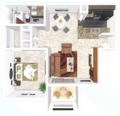 Floor plan for 1 bed, 1 bath, 622 sqft