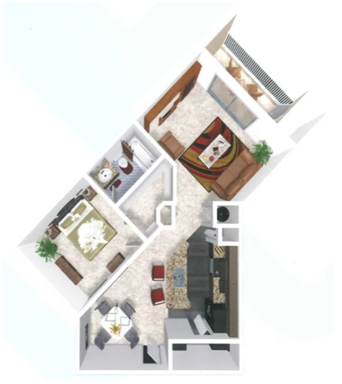Floor plan for 1 bed, 1 bath, 701 sqft