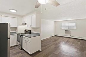 Denver apartment for rent - A kitchen with white cabinets and a black countertop.
