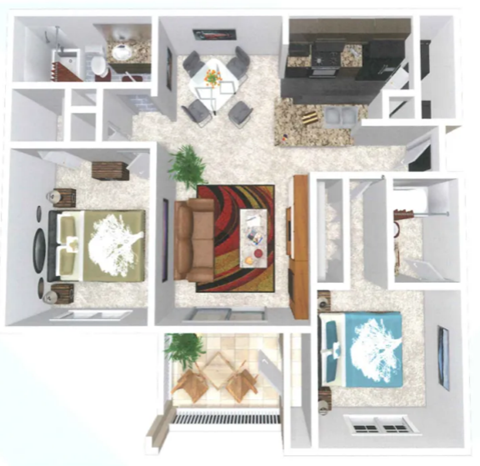 Floor plan for 2 beds, 2 baths, 902 sqft