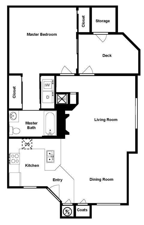 Floor plan for 1 bed, 1 bath, 735 sqft