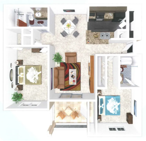 Floor plan for 2 beds, 2 baths, 986 sqft