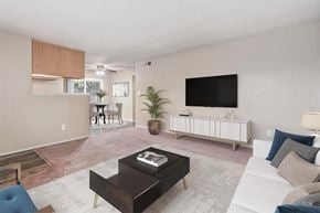 Modesto apartment for rent - A living room with a white couch, a coffee table, and a television.