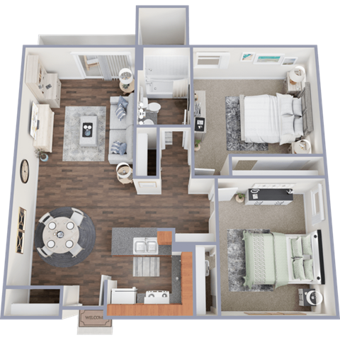 Floor plan for 2 beds, 1 bath, 900 sqft