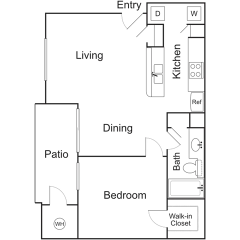 Floor plan for 1 bed, 1 bath, 660 sqft