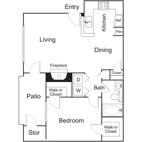 Floor plan for 1 bed, 1 bath, 740 sqft