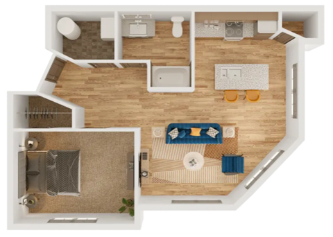 Floor plan for 1 bed, 1 bath, 802 sqft