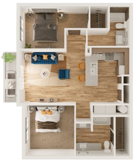 Floor plan for 2 beds, 2 baths, 1012 sqft
