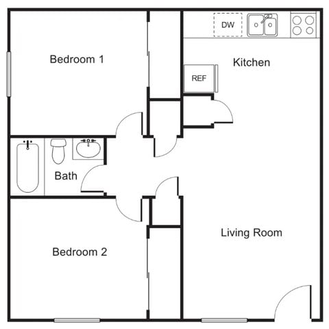 Floor plan for 2 beds, 1 bath, 750 sqft
