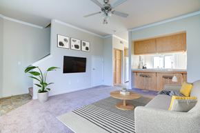 Coalinga apartment for rent - A living room with carpet and a ceiling fan. The room is staged with a couch, a rug, and a coffee table. The background there is the kitchen and the breakfast bar.
