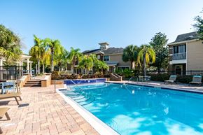 Orlando apartment for rent - A swimming pool surrounded by palm trees and lounge chairs.