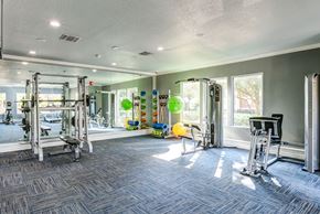 Orlando apartment for rent - A spacious gym with various exercise equipment and a large mirror on the wall.