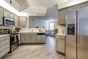 Orlando apartment for rent - Model apartment modern kitchen with stainless steel appliances, grey cabinets, and wood-style flooring.
