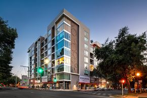 Sacramento apartment for rent - The exterior of the community during dusk.