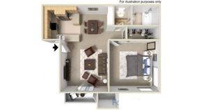 Oceanside apartment for rent - A floor plan of an apartment with a kitchen, living room, and two bedrooms.
