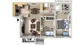 Oceanside apartment for rent - A floor plan of a small apartment with a kitchen, living room, and bedroom.