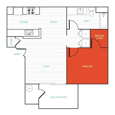 Floor plan for 1 bed, 1 bath, 718 sqft