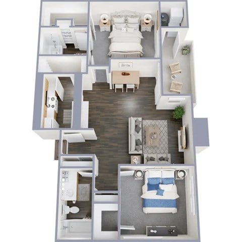 Floor plan for 2 beds, 2 baths, 889 sqft