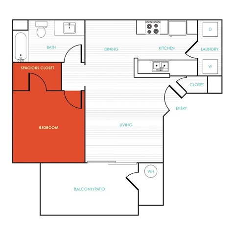 Floor plan for 1 bed, 1 bath, 794 sqft