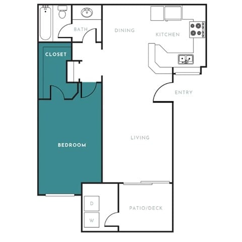 Floor plan for 1 bed, 1 bath, 770 sqft