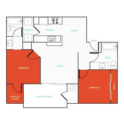 Floor plan for 2 beds, 2 baths, 1042 sqft