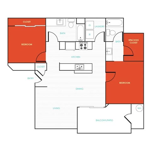Floor plan for 2 beds, 2 baths, 1194 sqft