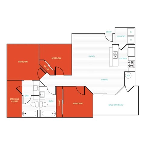 Floor plan for 3 beds, 2 baths, 1390 sqft