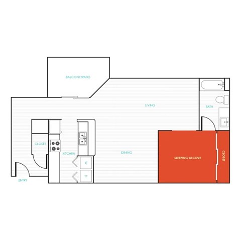 Floor plan for studio, 1 bath, 895 sqft