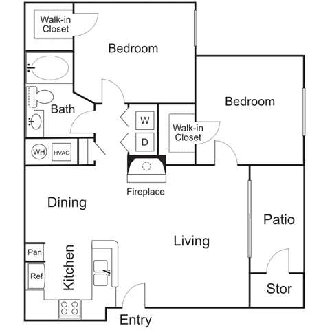 Floor plan for 2 beds, 1 bath, 884 sqft