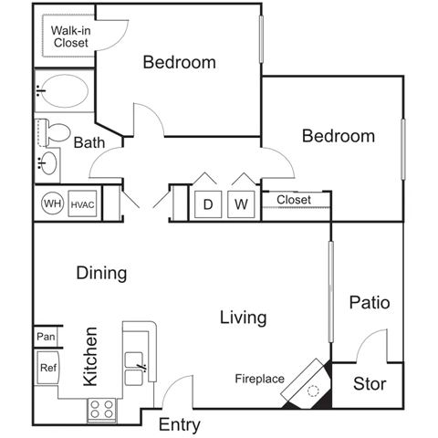 Floor plan for 2 beds, 1 bath, 884 sqft