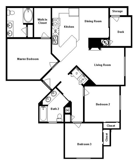 Floor plan for 3 beds, 2 baths, 1232 sqft