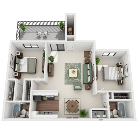 Floor plan for 2 beds, 2 baths, 910 sqft