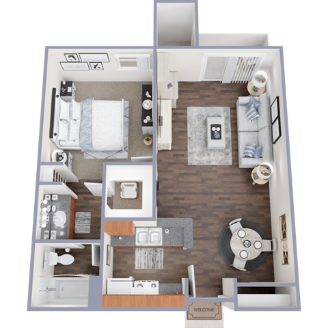Floor plan for 1 bed, 1 bath, 600 sqft