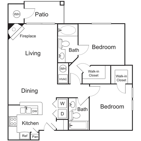 Floor plan for 2 beds, 2 baths, 987 sqft