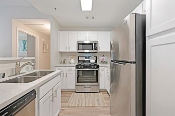 Rohnert Park apartment for rent - A modern kitchen with stainless steel appliances and white cabinets.