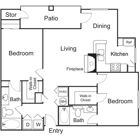 Floor plan for 2 beds, 2 baths, 1100 sqft