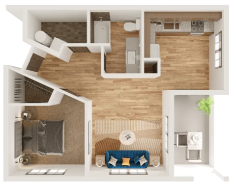 Floor plan for 1 bed, 1 bath, 693 sqft