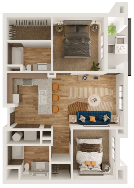 Floor plan for 2 beds, 2 baths, 988 sqft