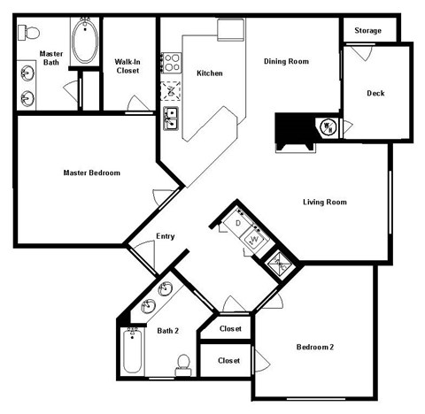 Floor plan for 2 beds, 2 baths, 1074 sqft