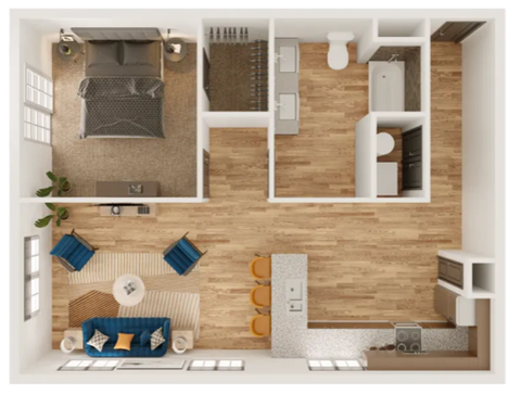 Floor plan for 1 bed, 1 bath, 933 sqft