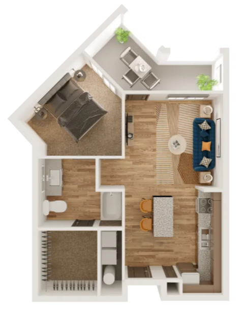 Floor plan for 1 bed, 1 bath, 739 sqft