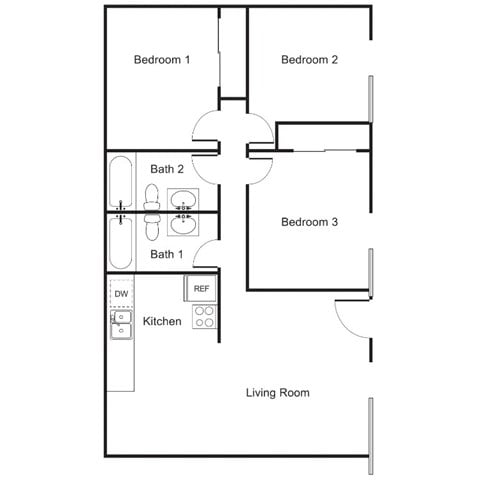 Floor plan for 3 beds, 2 baths, 1080 sqft