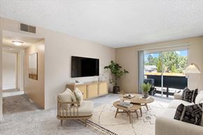 Colorado Springs apartment for rent - A living room with a couch, chair, and television.