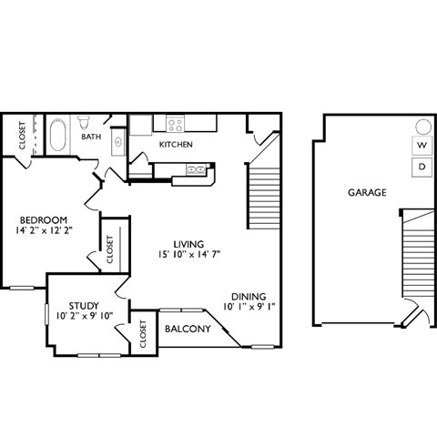 Floor plan for 1 bed, 1 bath, 1020 sqft