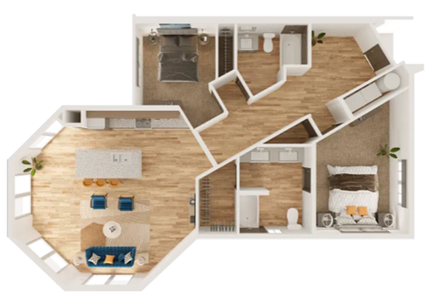 Floor plan for 2 beds, 2 baths, 1260 sqft