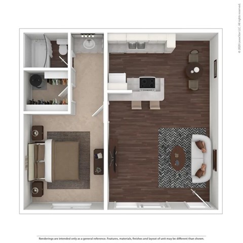 Floor plan for 1 bed, 1 bath, 726 sqft