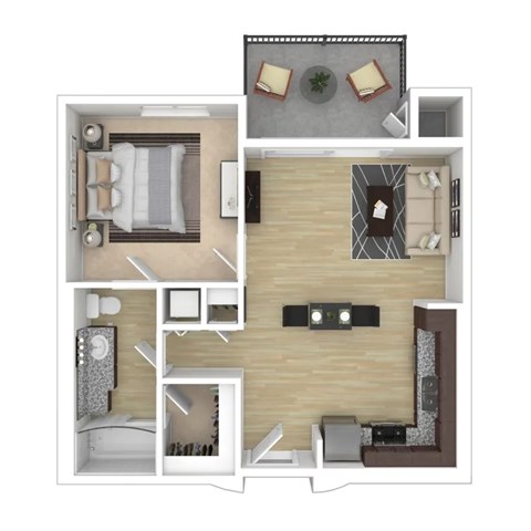Floor plan for 1 bed, 1 bath, 743 sqft